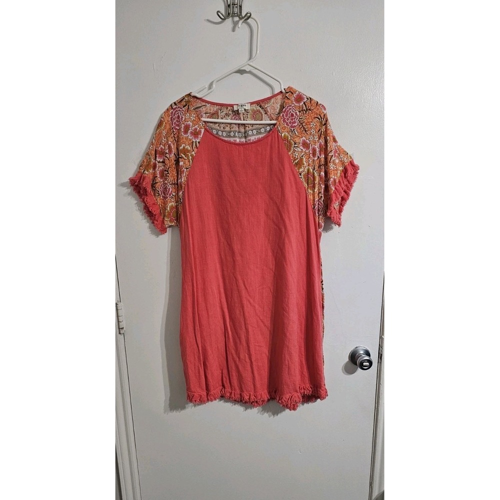 Umgee Linen Blend Dress Small Mixed Floral Print Raw Hem Trim Peach  Cottagecore